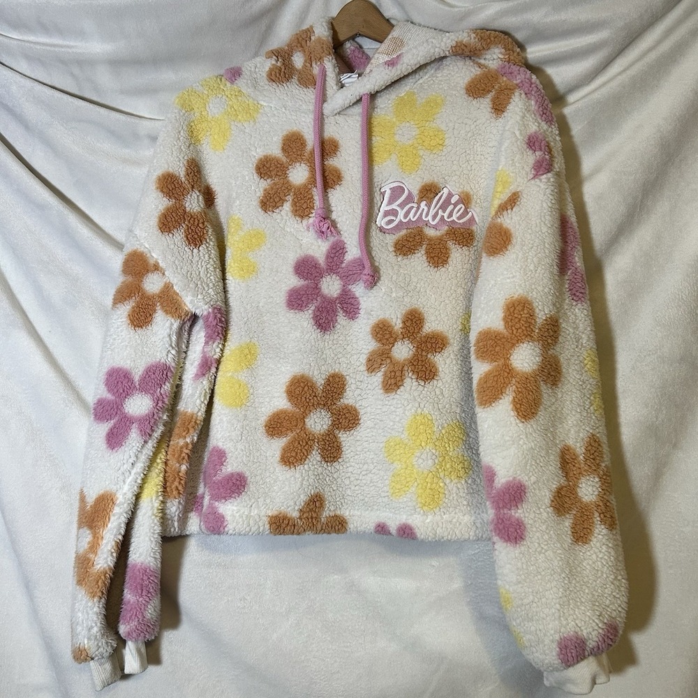 Barbie Women's Floral‎ Daisy Sherpa Teddy Faux Fur Hoodie Size Medium Off-White